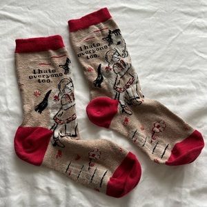 Blue Q “I hate everyone” girl and horse novelty socks